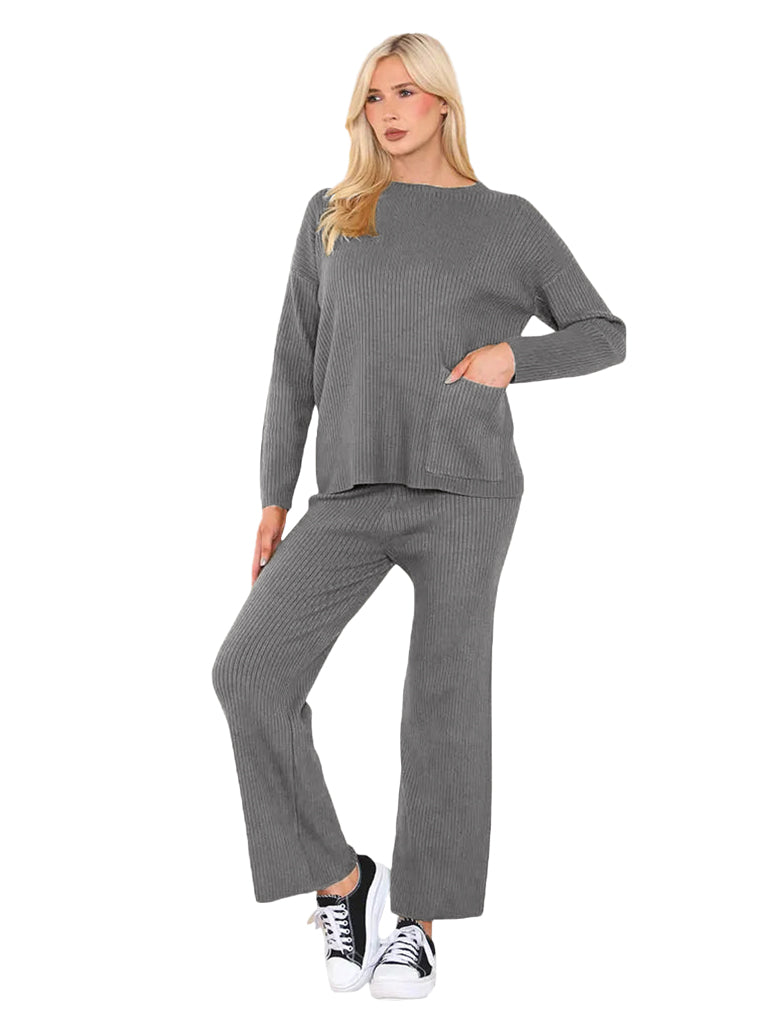 Women's wholesale luxe ribbed knit coord set with straight leg trousers and pocket detail sweater