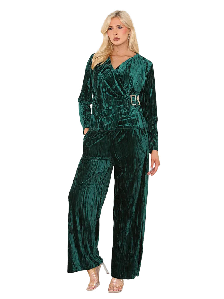 Women's wholesale crushed velour trousers with wide leg fit and elasticated waistband
