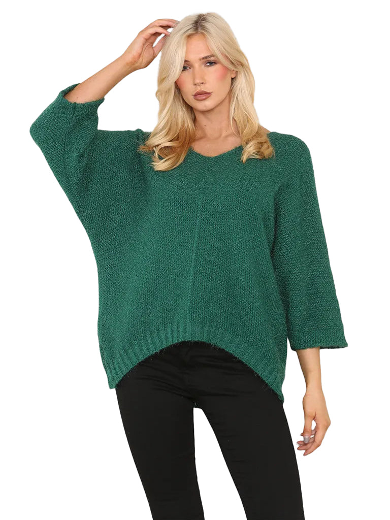 Women's wholesale oversized V neck sweater with a dipped hem, crafted from soft light-knit fabric