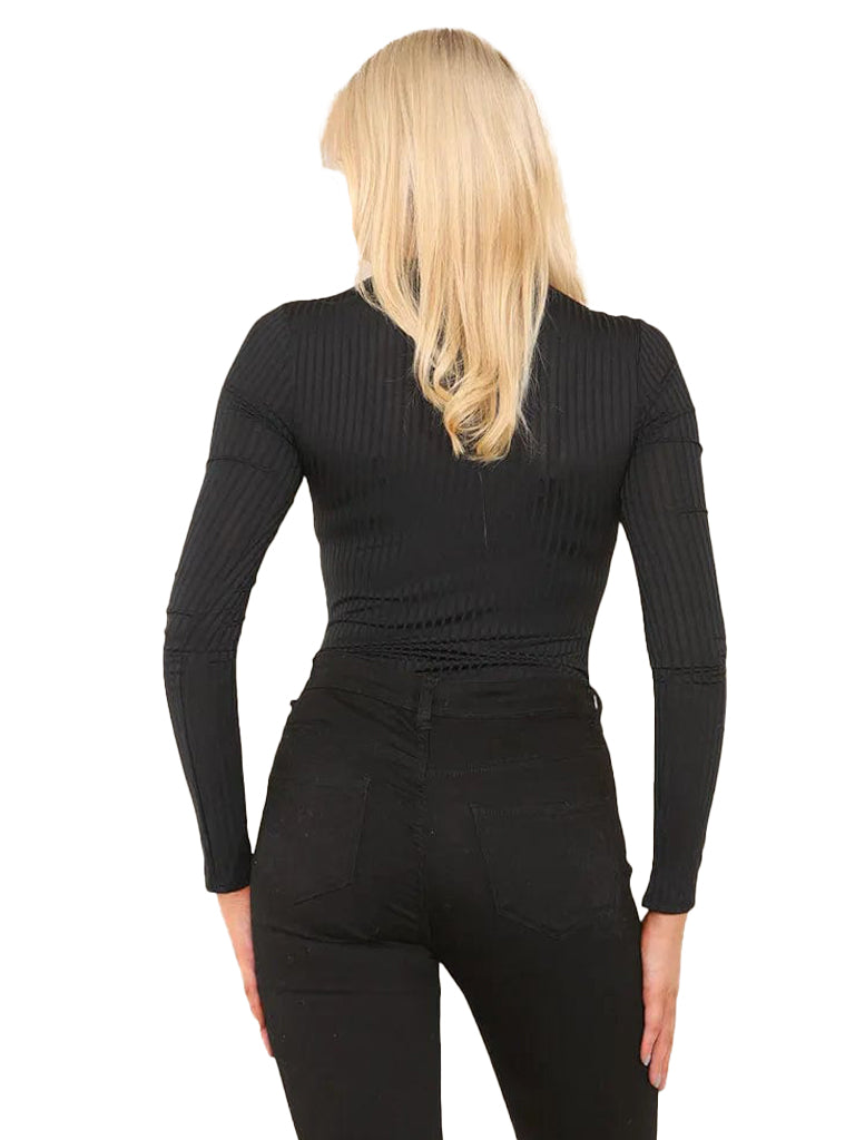 Women's wholesale black ribbed long sleeve bodysuit made from soft fabric, perfect for layering or dressing up