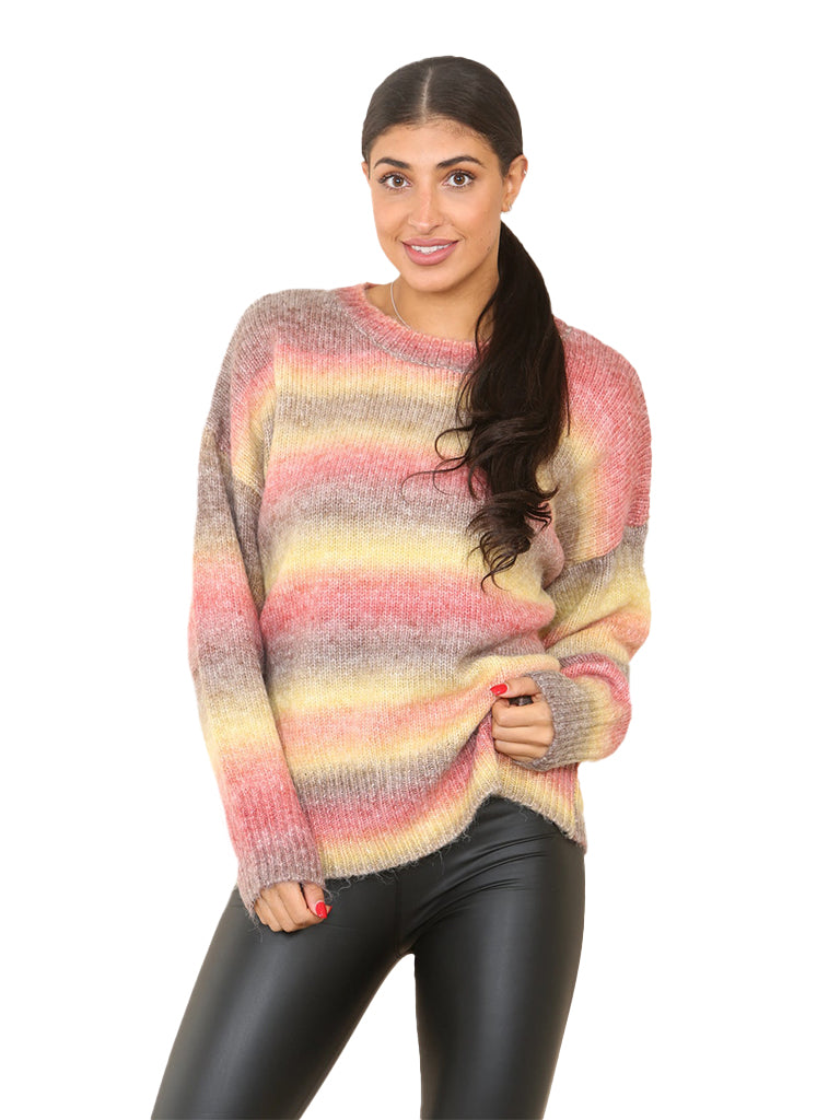 Women's soft multi-coloured stripe jumper made from a warm wool blend