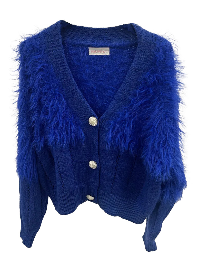 Women's wholesale faux fur cardigan with pearl-detail buttons and ribbed knit, available in purple and cobalt