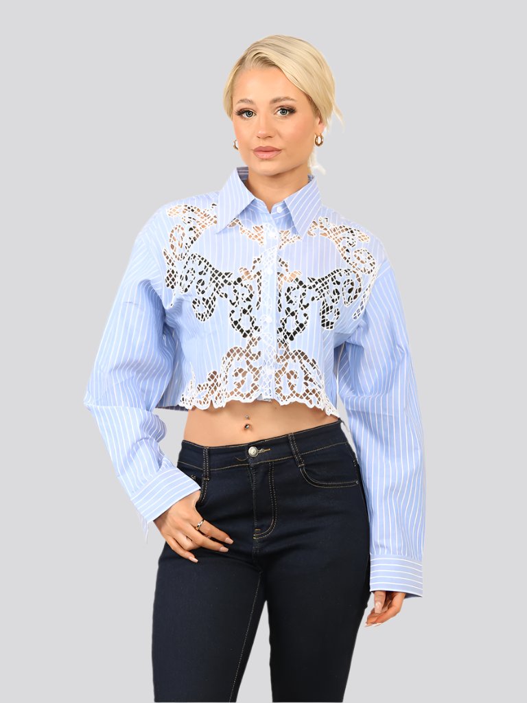 Women's wholesale cutwork pinstripe crop blouse