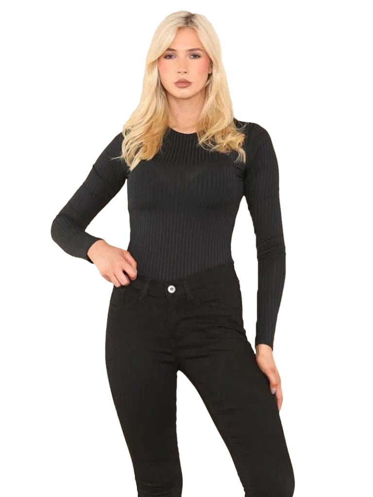 Women's wholesale black ribbed long sleeve bodysuit made from soft fabric, perfect for layering or dressing up