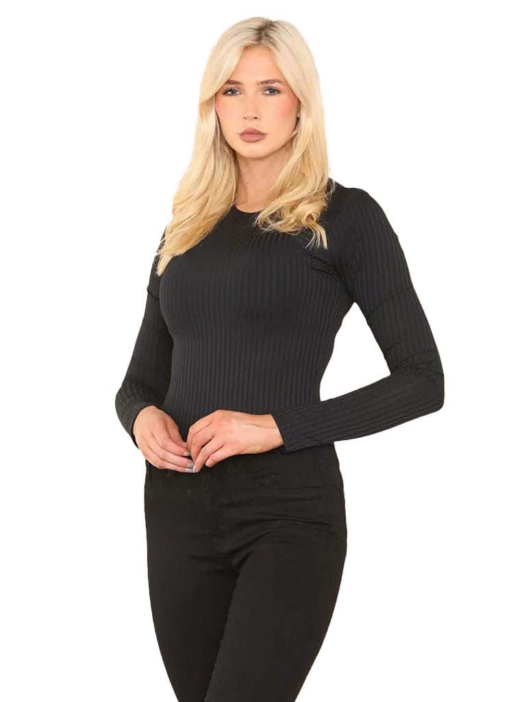 Women's wholesale black ribbed long sleeve bodysuit made from soft fabric, perfect for layering or dressing up