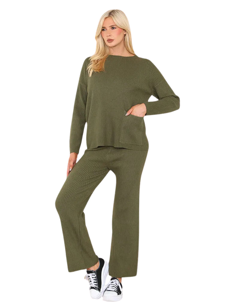 Women's wholesale luxe ribbed knit coord set with straight leg trousers and pocket detail sweater