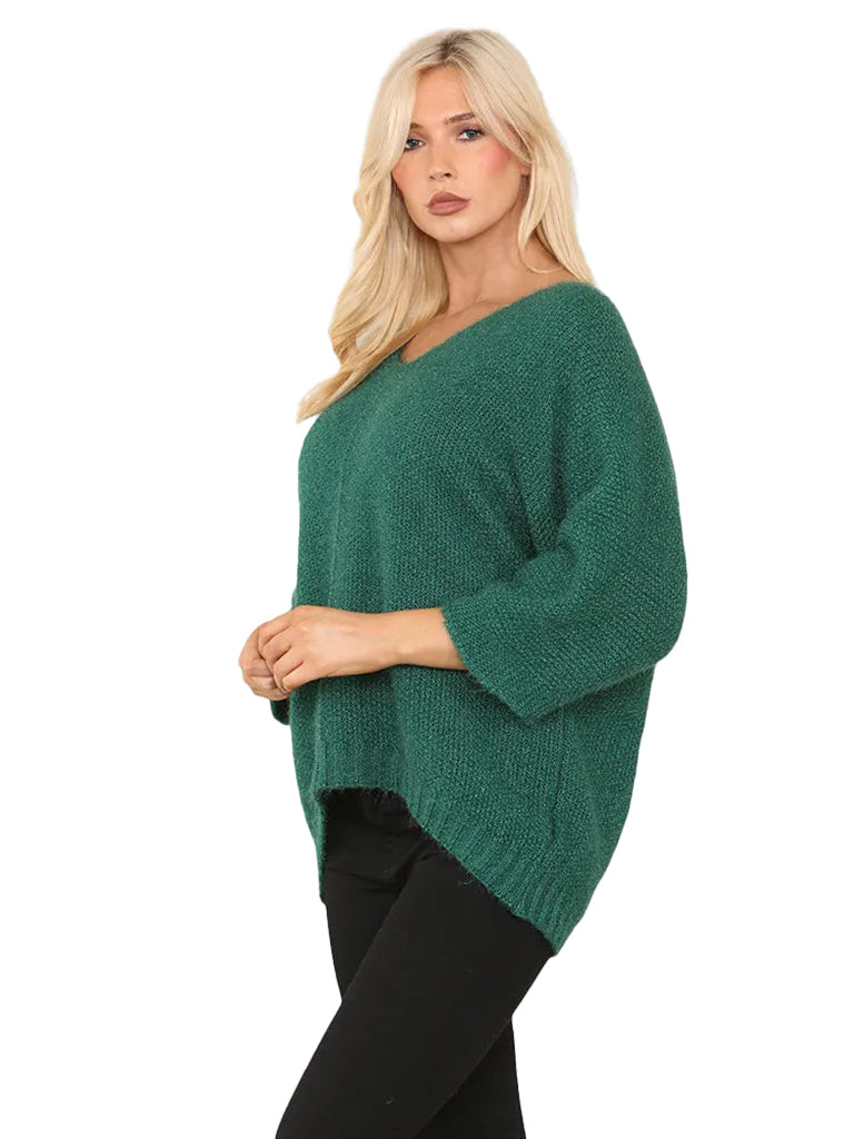 Women's wholesale oversized V neck sweater with a dipped hem, crafted from soft light-knit fabric