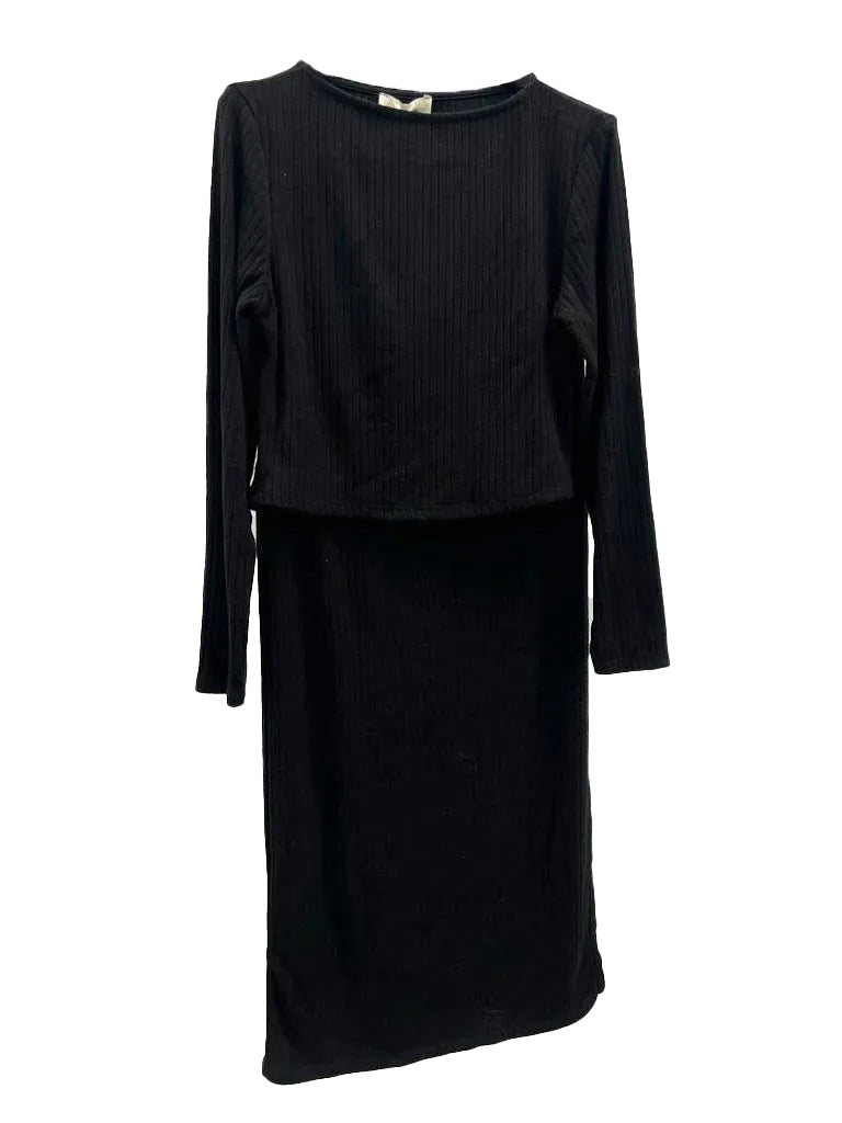 Women's wholesale ribbed coord set with long sleeve crop top and midi skirt featuring a side split
