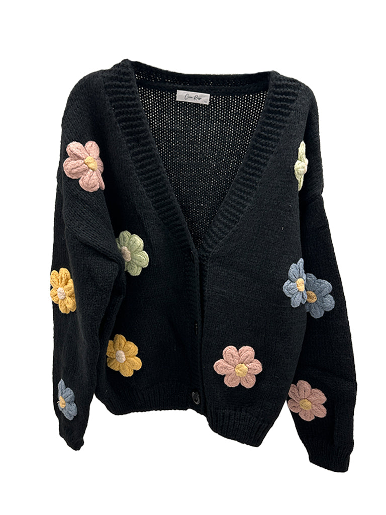 Women's wholesale chunky wool knit cardigan with flower appliqué