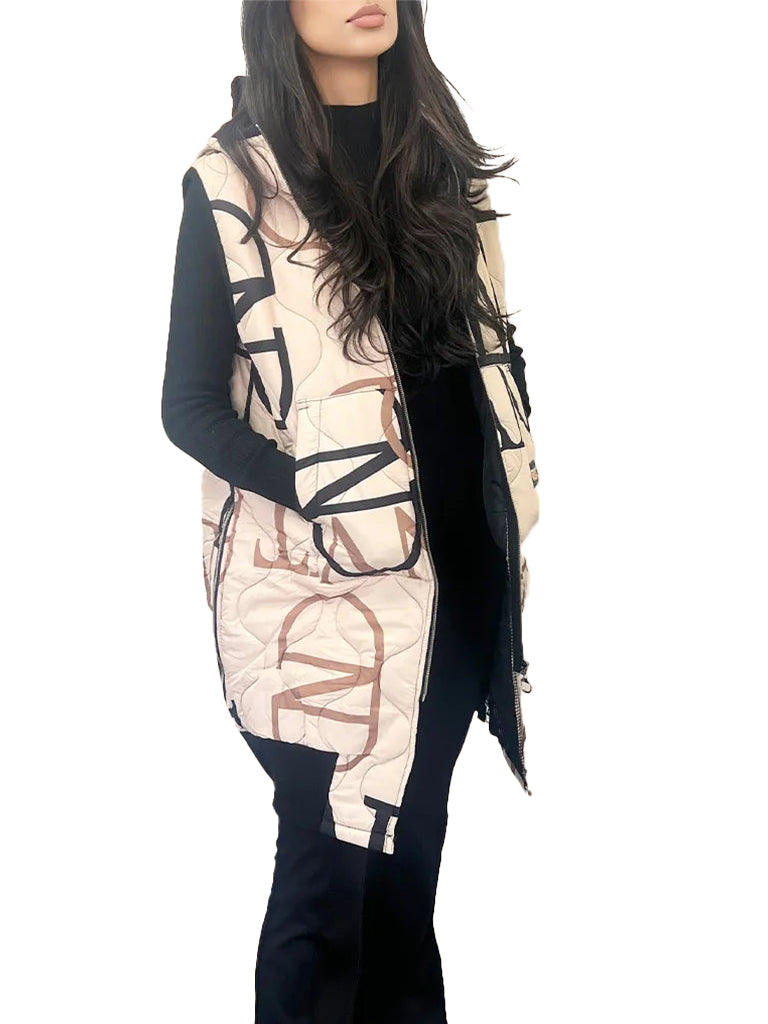 Women's wholesale hooded quilted gilet with zip side panels, contrast print, and convenient pockets