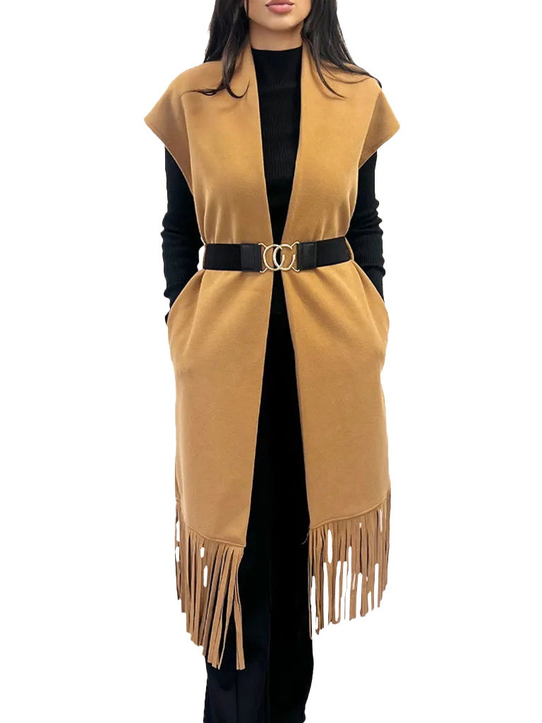 Women's wholesale fringe belted waistcoat featuring cascading fringe detail and a gold stretch belt