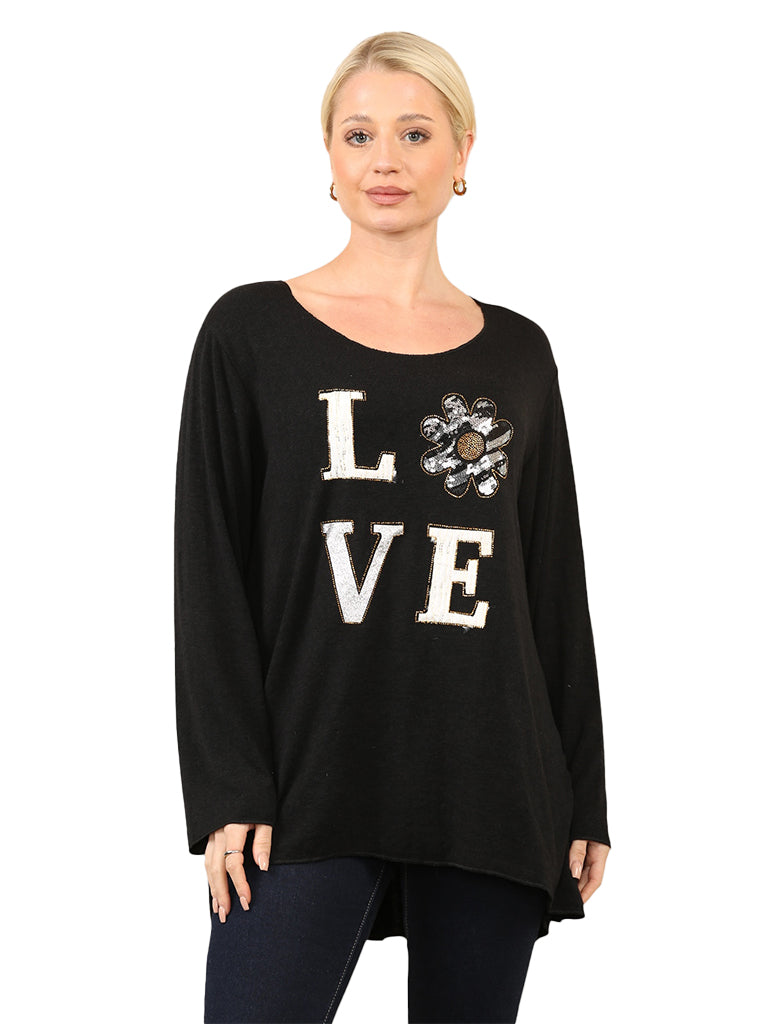 Women's wholesale love appliqué knit top with textured lettering