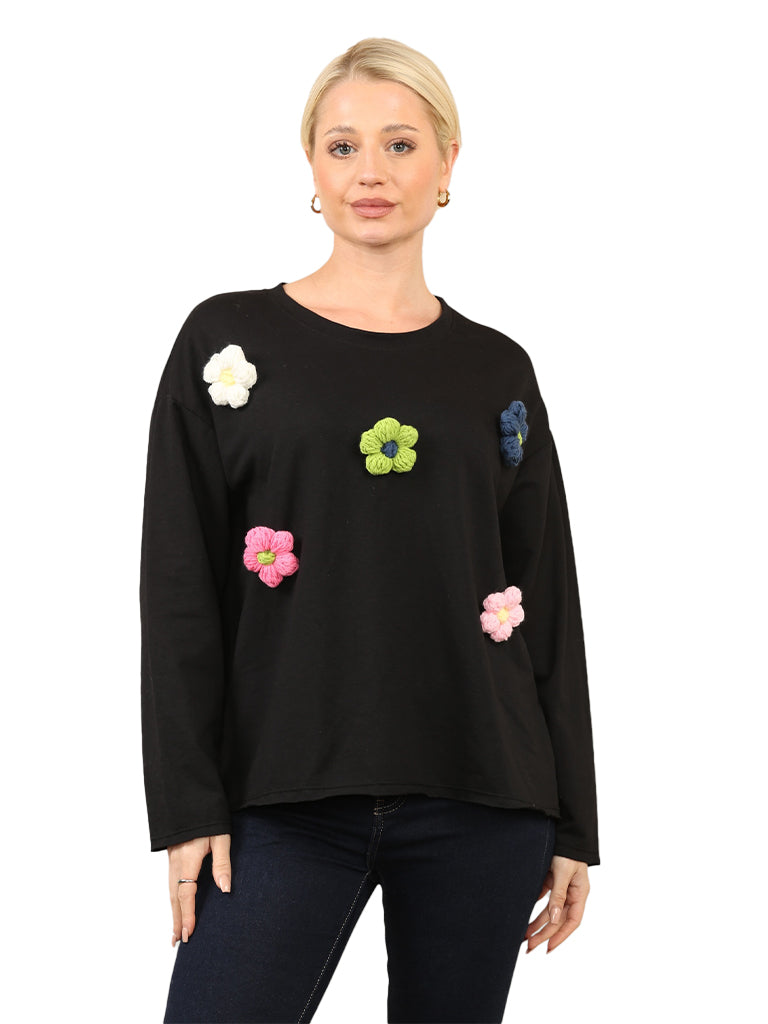 Women's wholesale multi coloured flower appliqué sweat top