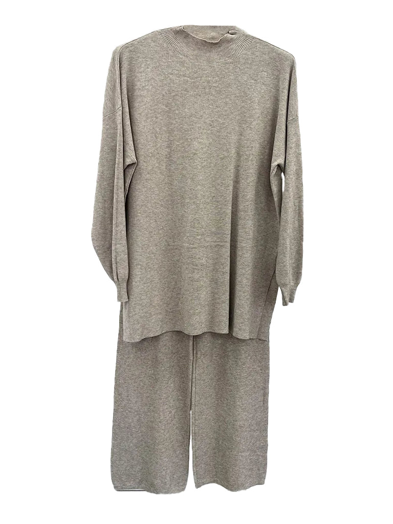 Women's 2-piece knit high neck sweater and straight leg trouser set, crafted from soft knit fabric