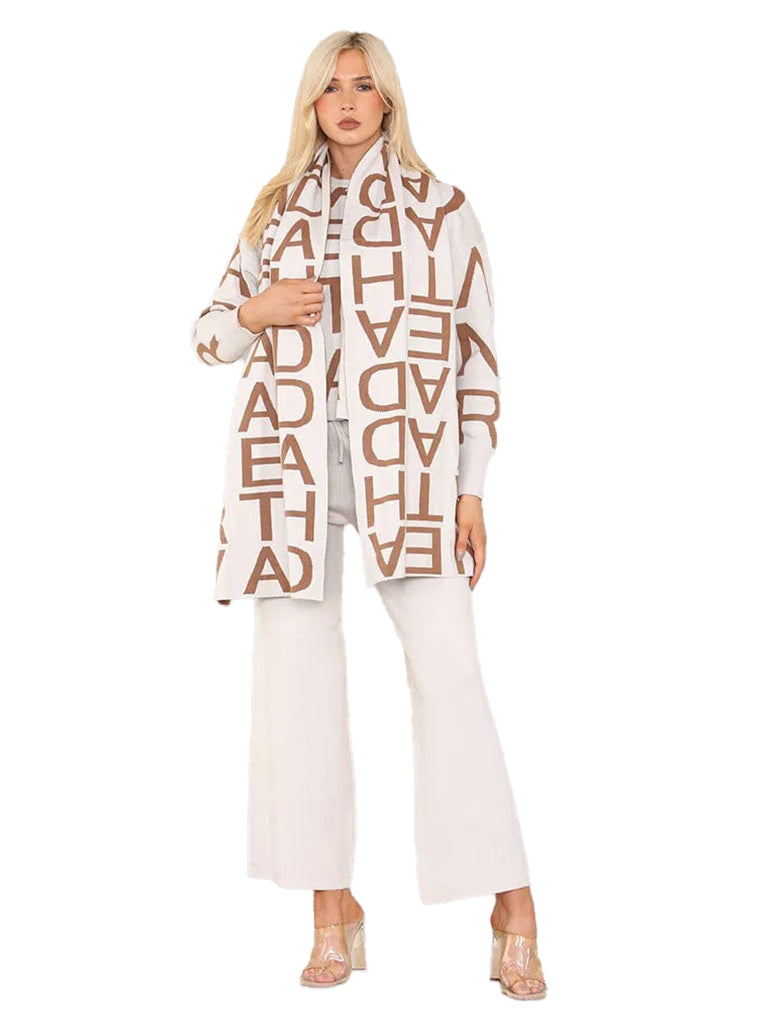 Women's wholesale 3-piece knit coord set featuring a lettered jumper, matching trousers, and a reversible scarf