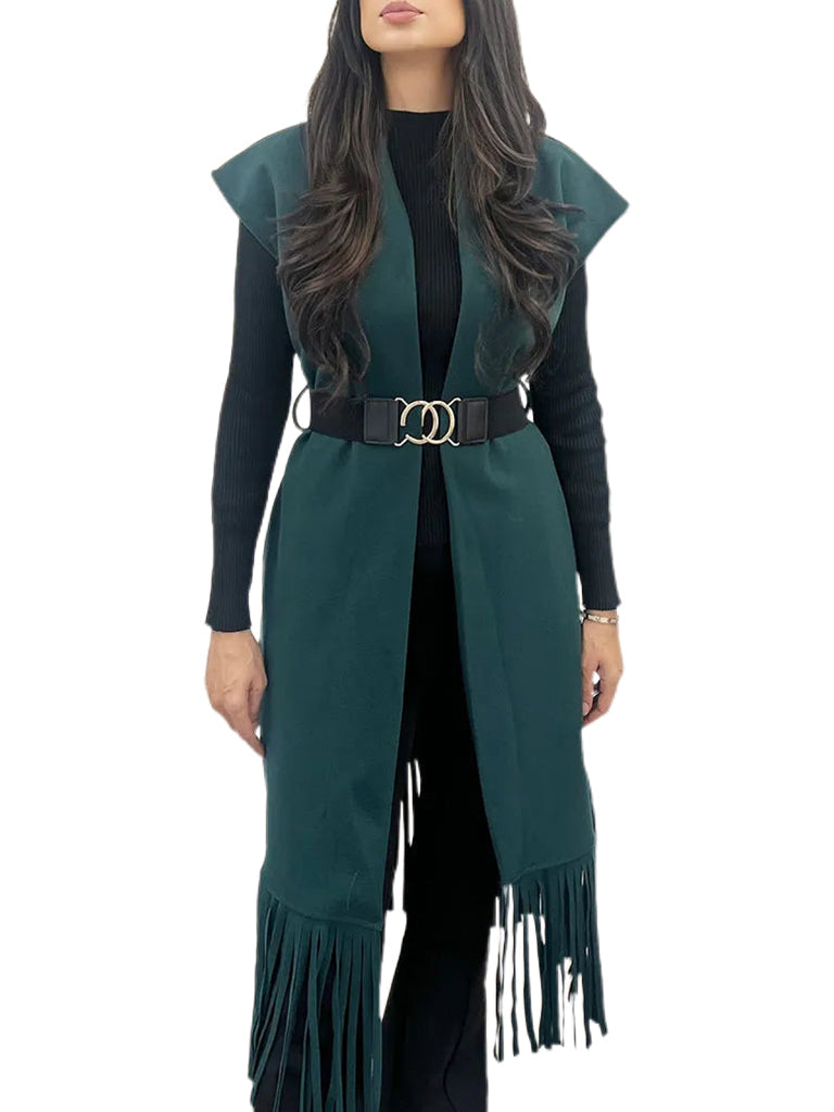 Women's wholesale fringe belted waistcoat featuring cascading fringe detail and a gold stretch belt
