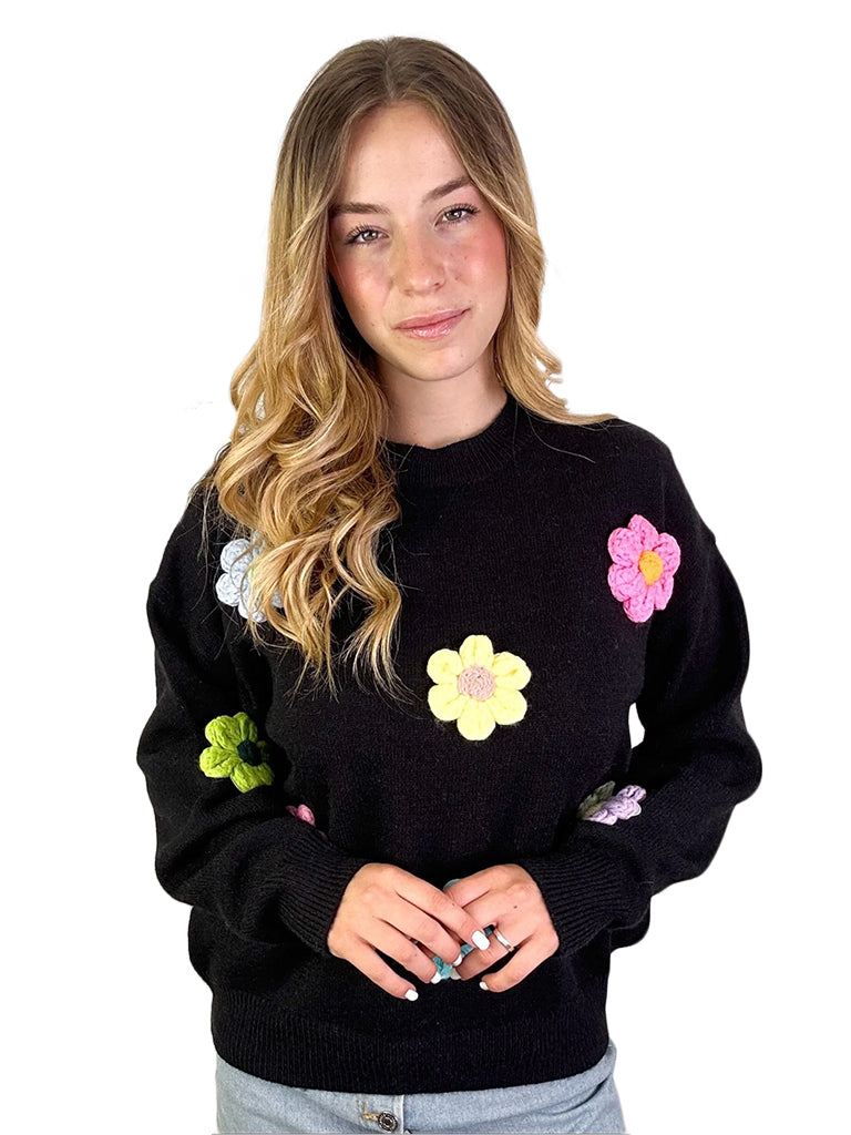 Women's wholesale soft knit sweater with flower appliqué