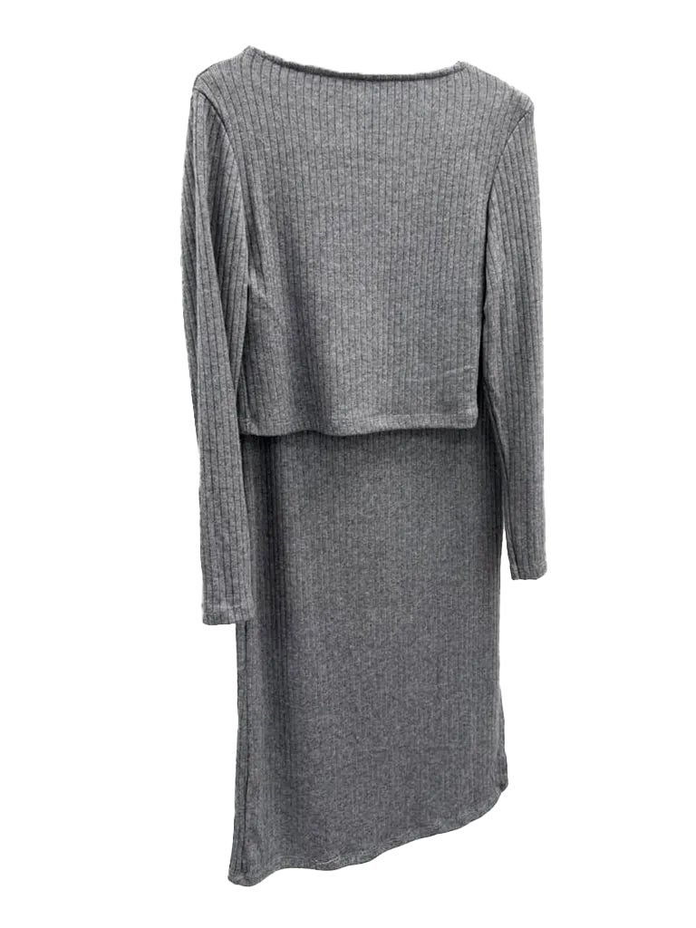 Women's wholesale ribbed coord set with long sleeve crop top and midi skirt featuring a side split