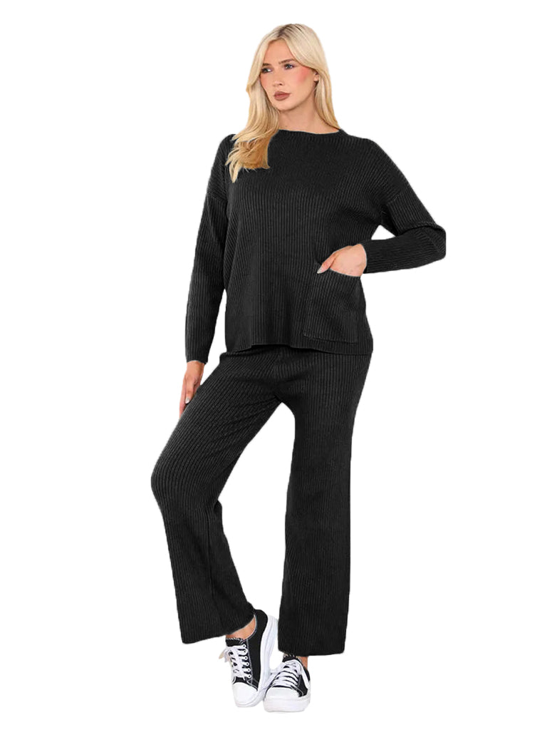 Women's wholesale luxe ribbed knit coord set with straight leg trousers and pocket detail sweater