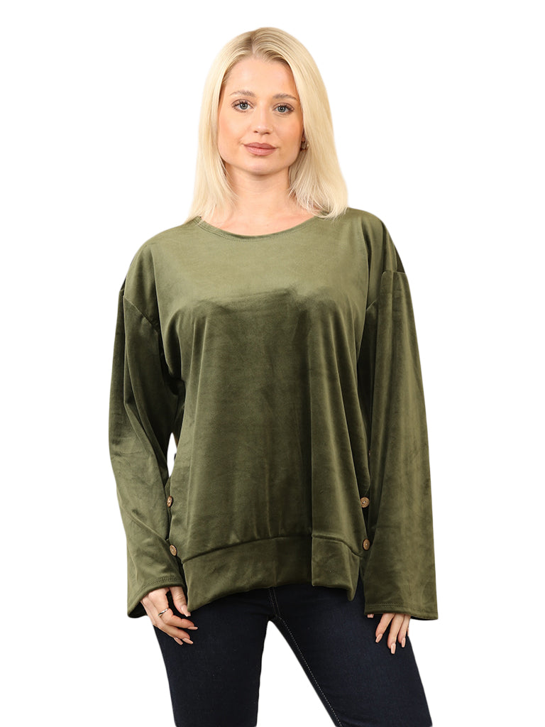 Women's wholesale velour button detail top with soft, flowy design and long sleeves