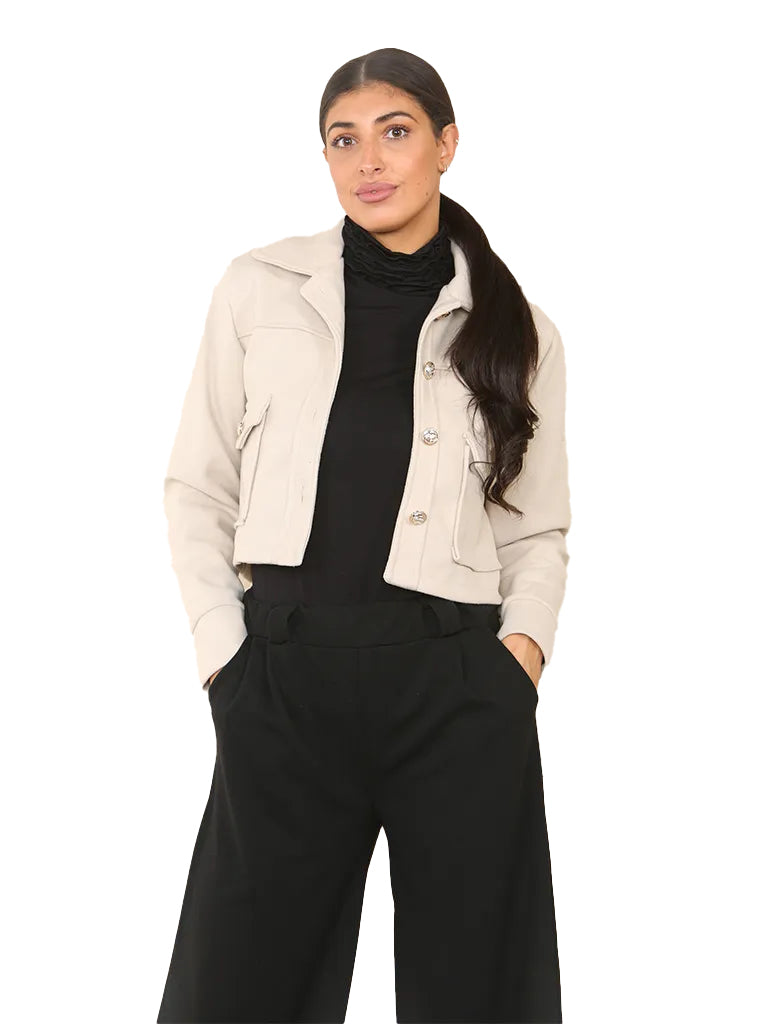 Women's wholesale cropped collar jacket featuring a buttoned design and convenient front pockets