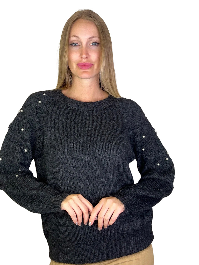 Women's wholesale flower pearl shoulder detail wool knit sweater