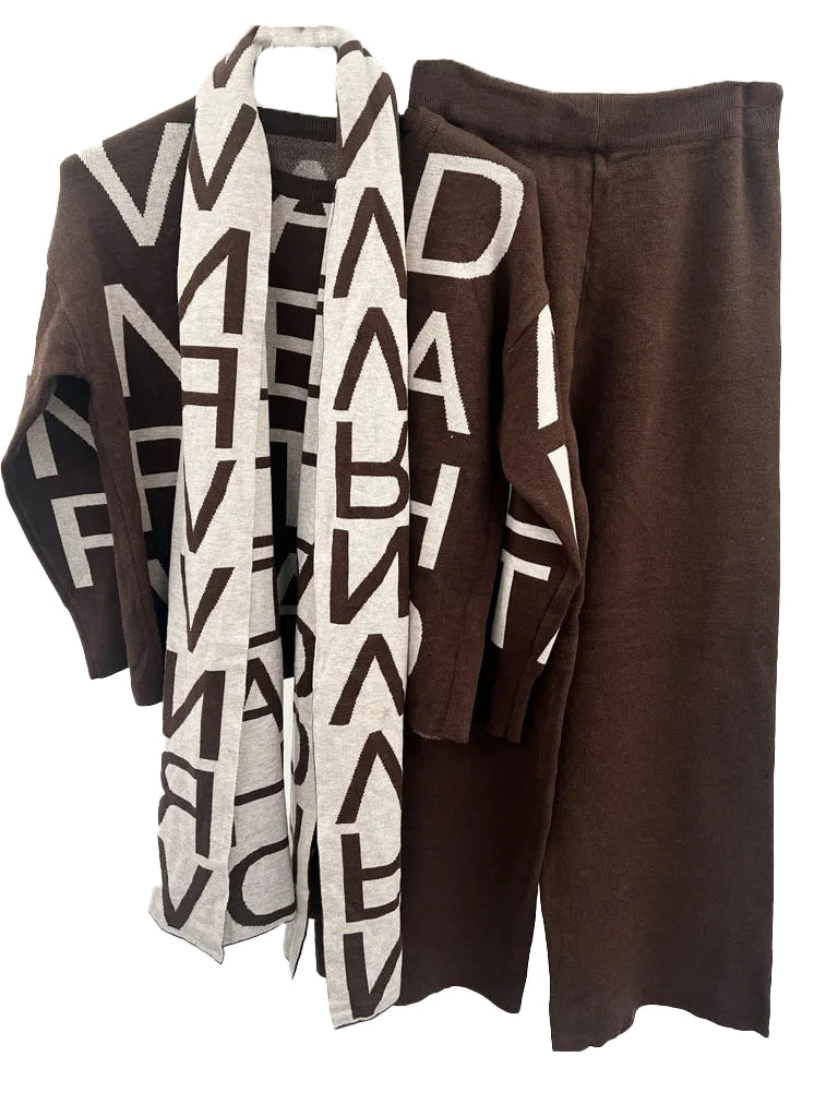 Women's wholesale 3-piece knit coord set featuring a lettered jumper, matching trousers, and a reversible scarf