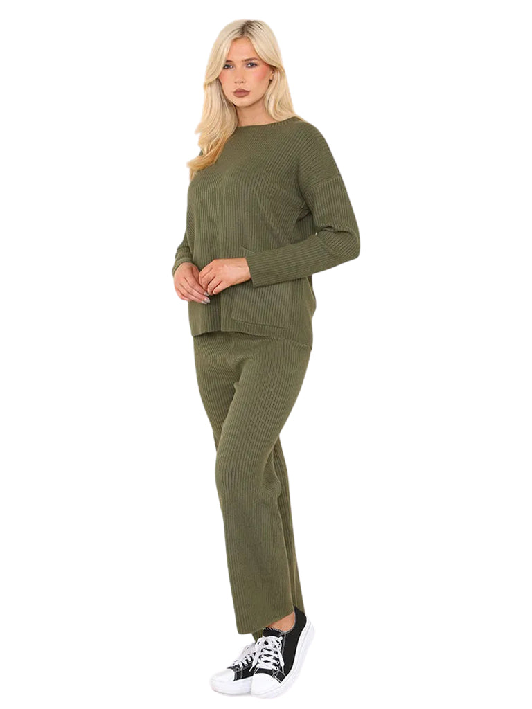 Women's wholesale luxe ribbed knit coord set with straight leg trousers and pocket detail sweater