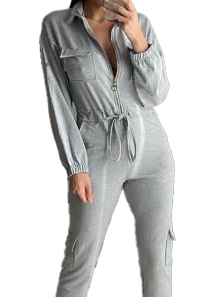 Women's wholesale cargo tie waist boiler jumpsuit made from soft sweatshirt material with zip pockets