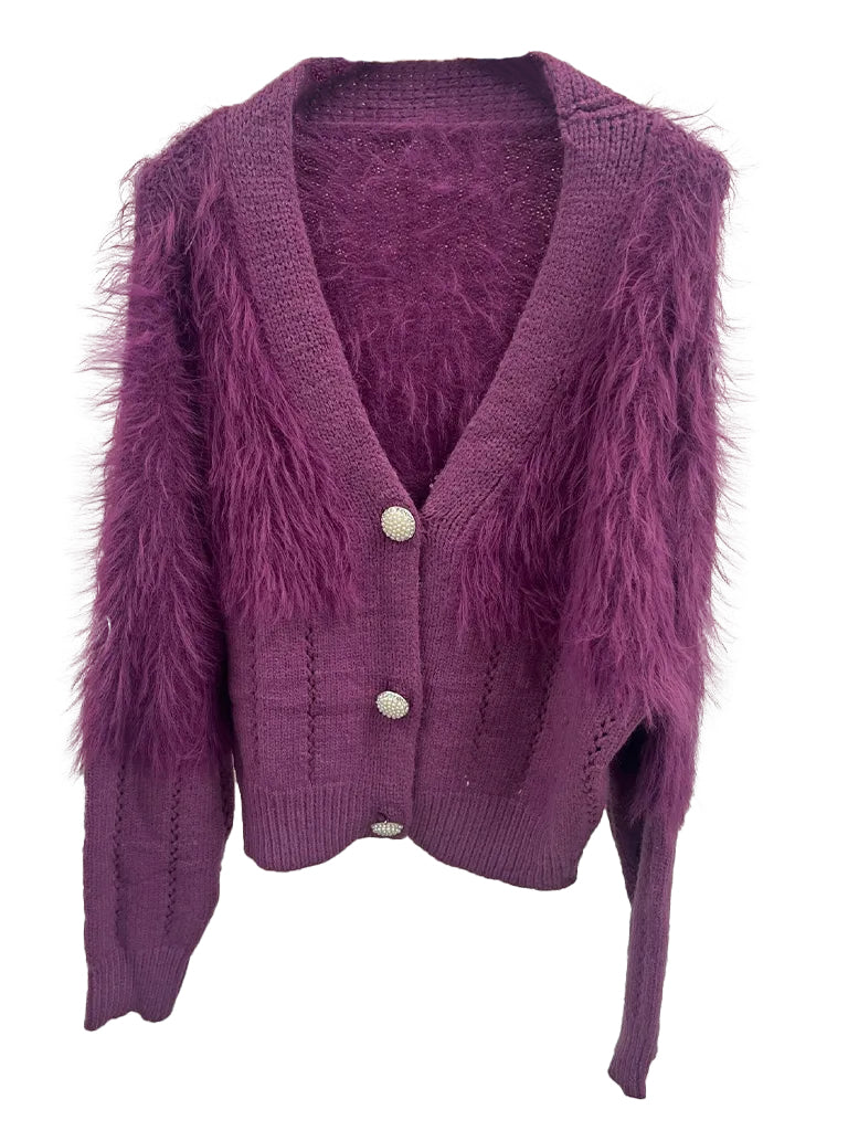 Women's wholesale faux fur cardigan with pearl-detail buttons and ribbed knit, available in purple and cobalt