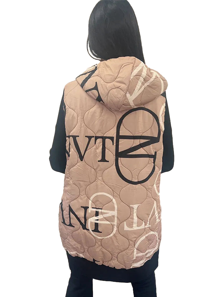 Women's wholesale hooded quilted gilet with zip side panels, contrast print, and convenient pockets