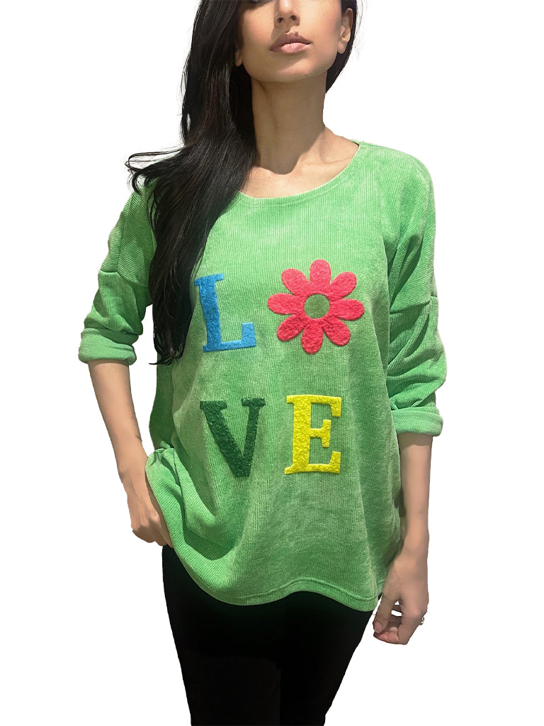 Women's wholesale chenille top with embossed 'LOVE' design and flower detail for the 'O', perfect for spring