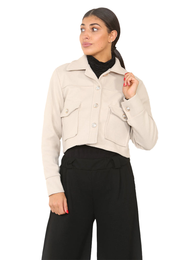 Women's wholesale cropped collar jacket featuring a buttoned design and convenient front pockets