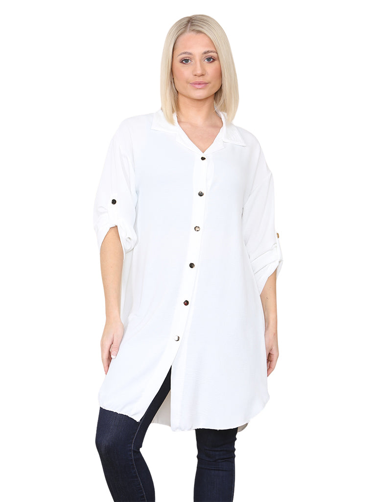 Women's wholesale longline shirt with roll-up sleeves, versatile for dressing up or casual wear