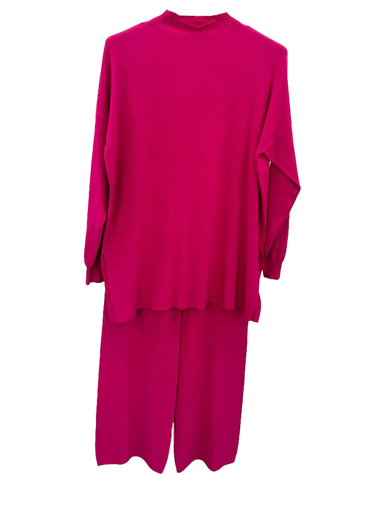 Women's 2-piece knit high neck sweater and straight leg trouser set, crafted from soft knit fabric