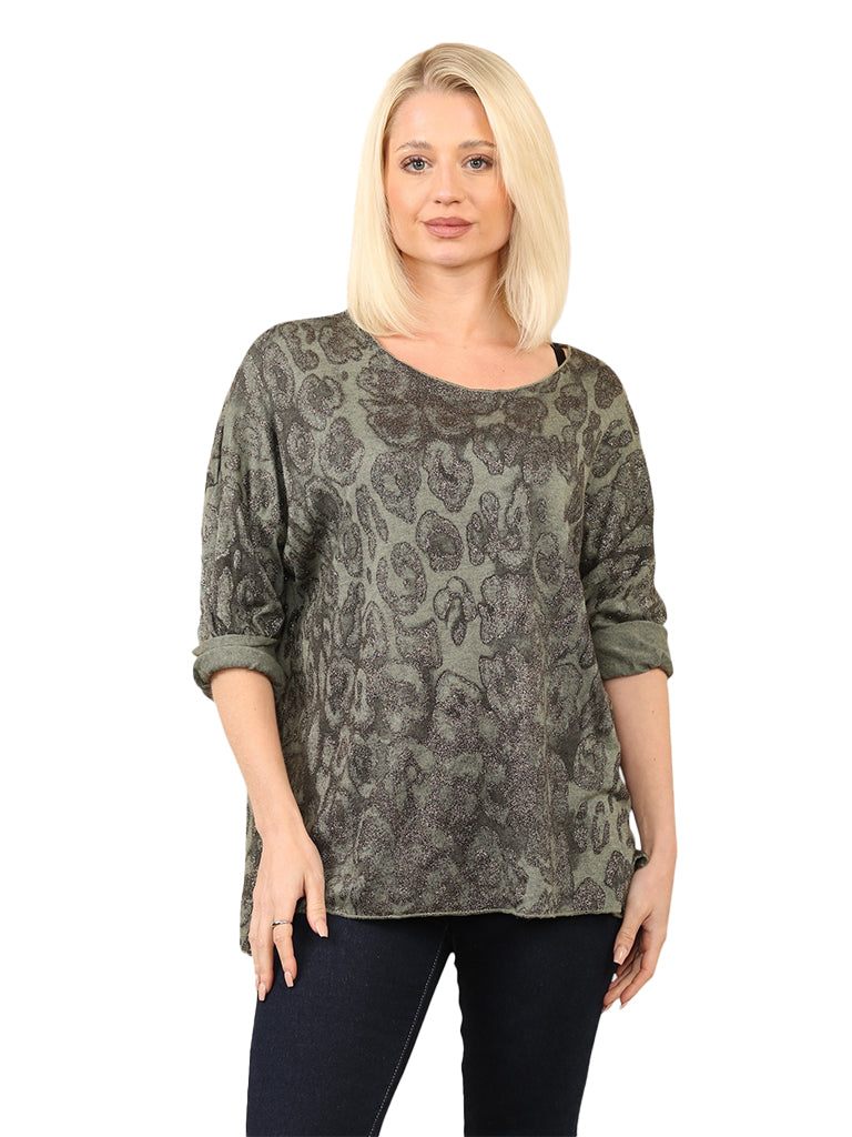 Women's wholesale animal print wool blend knit top with gold lurex detail