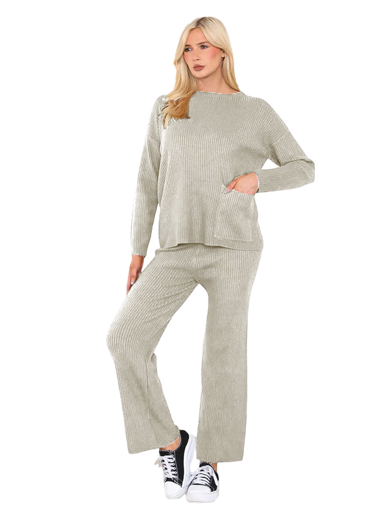 Women's wholesale luxe ribbed knit coord set with straight leg trousers and pocket detail sweater
