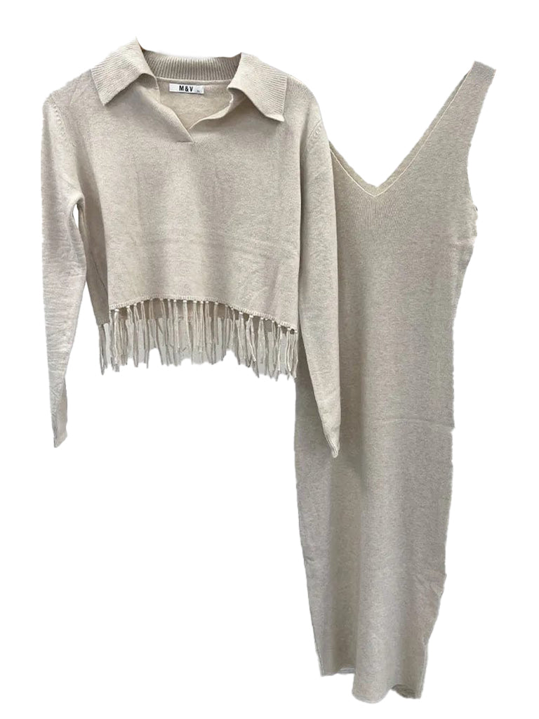 Women's wholesale knitted dress and fringe sweater set with V neck polo and boho fringe detail