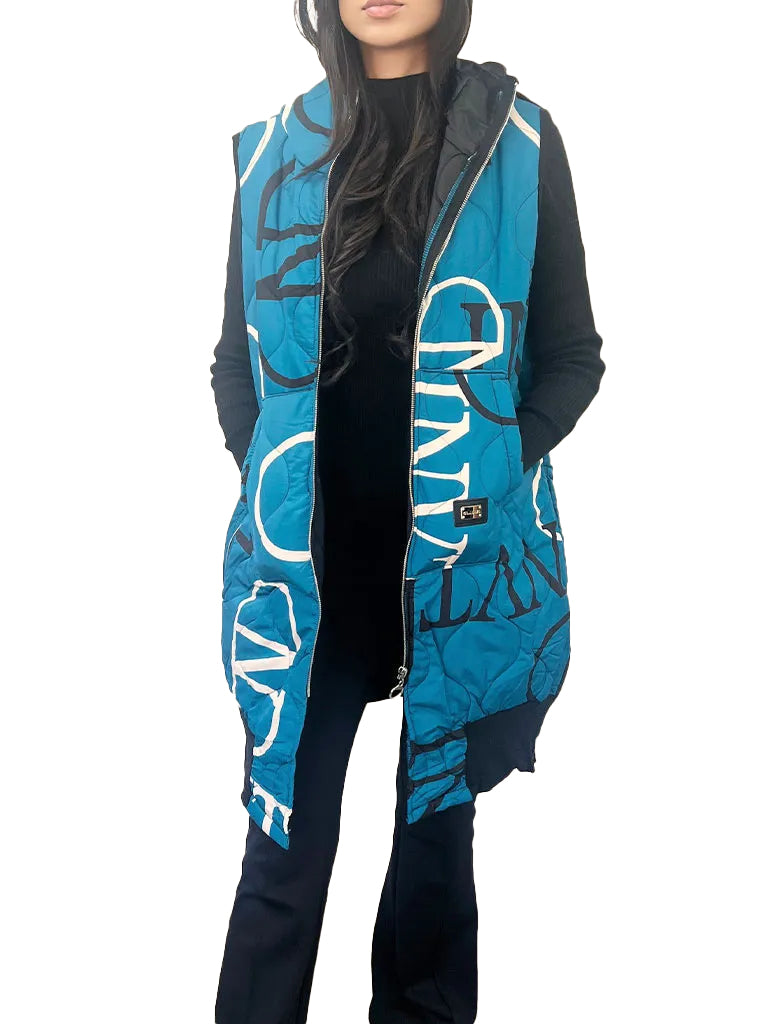 Women's wholesale hooded quilted gilet with zip side panels, contrast print, and convenient pockets