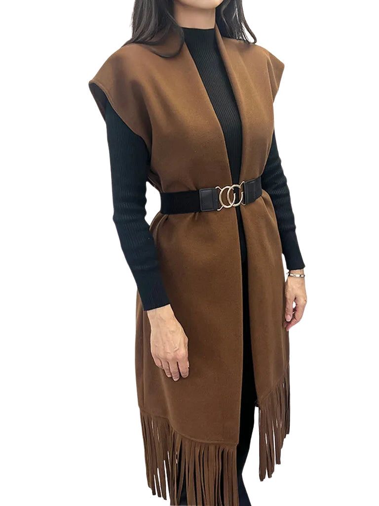 Women's wholesale fringe belted waistcoat featuring cascading fringe detail and a gold stretch belt