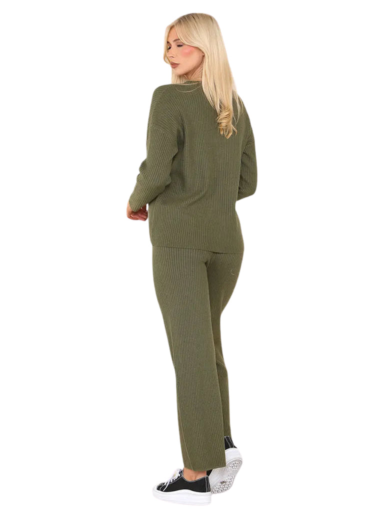 Women's wholesale luxe ribbed knit coord set with straight leg trousers and pocket detail sweater