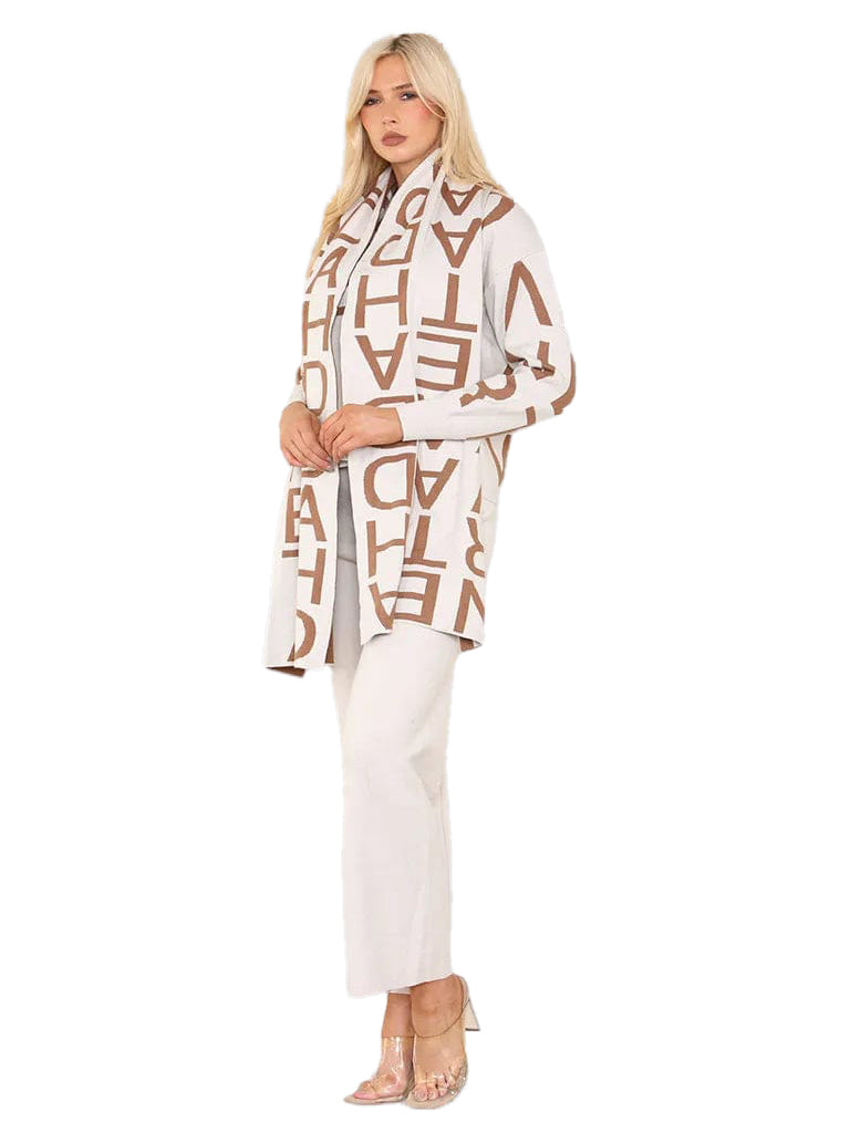 Women's wholesale 3-piece knit coord set featuring a lettered jumper, matching trousers, and a reversible scarf