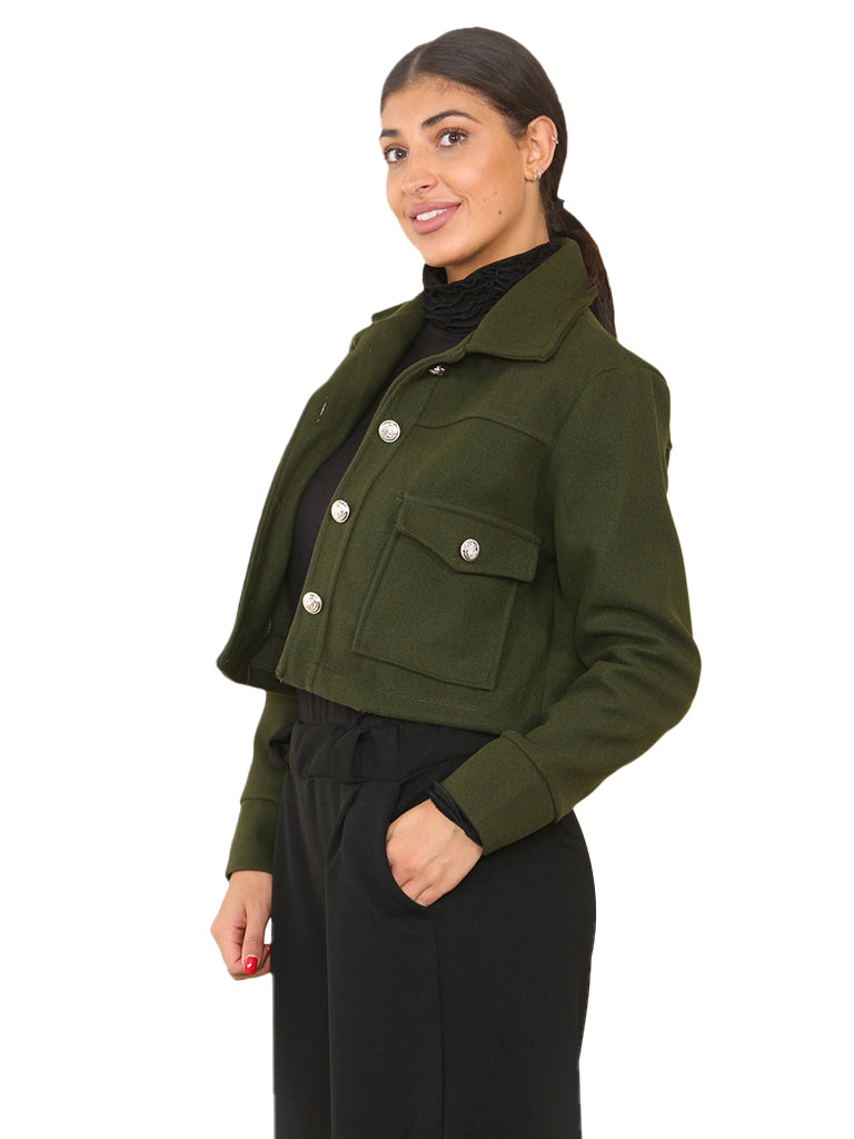 Women's wholesale cropped collar jacket featuring a buttoned design and convenient front pockets