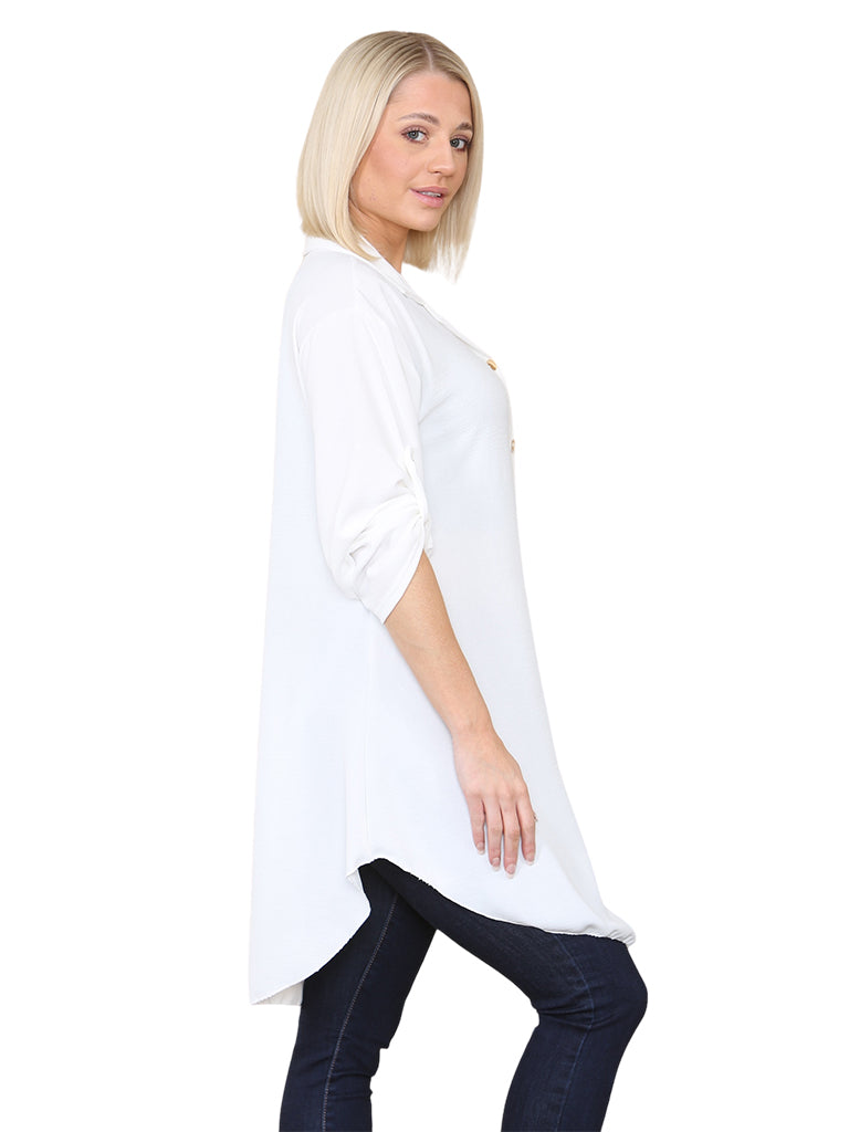Women's wholesale longline shirt with roll-up sleeves, versatile for dressing up or casual wear