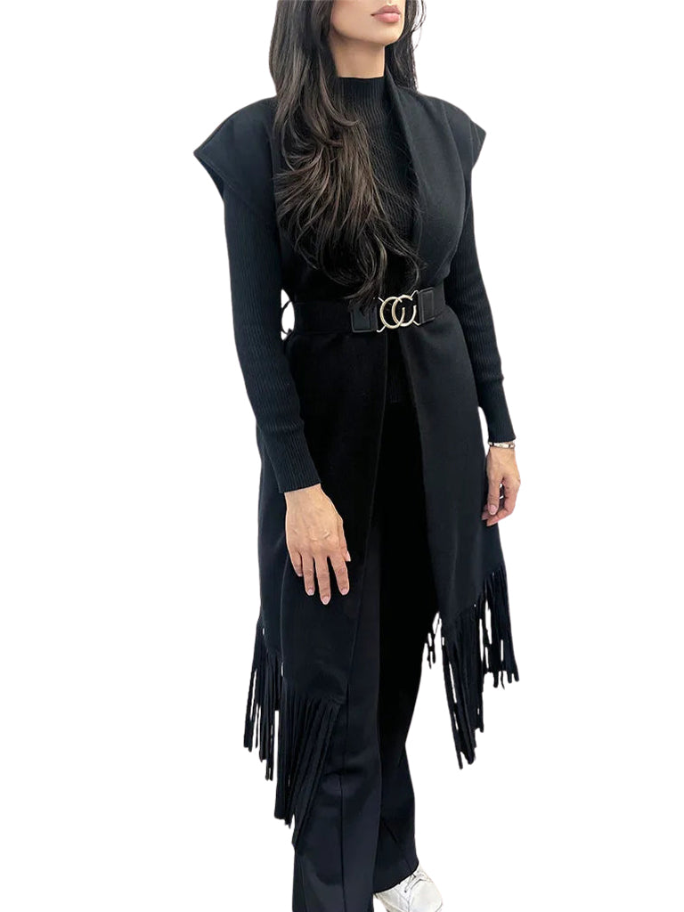 Women's wholesale fringe belted waistcoat featuring cascading fringe detail and a gold stretch belt
