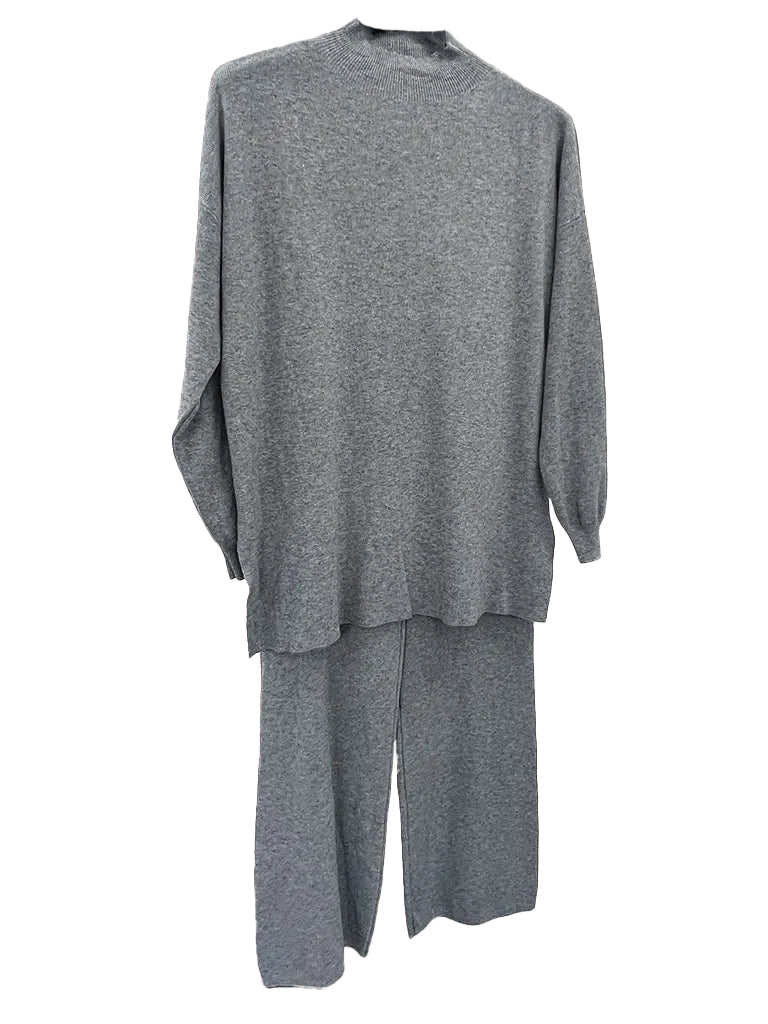 Women's 2-piece knit high neck sweater and straight leg trouser set, crafted from soft knit fabric