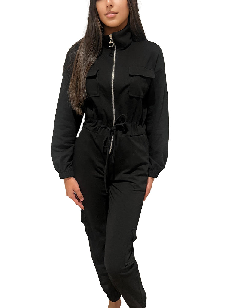 Women's wholesale cargo tie waist boiler jumpsuit made from soft sweatshirt material with zip pockets