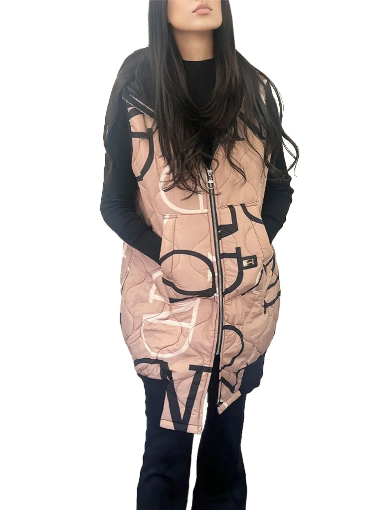 Women's wholesale hooded quilted gilet with zip side panels, contrast print, and convenient pockets