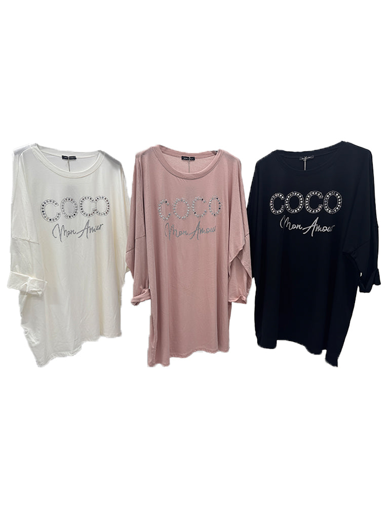 Women's wholesale Coco Mon Amour embellished top with oversized fit and roll-up sleeves