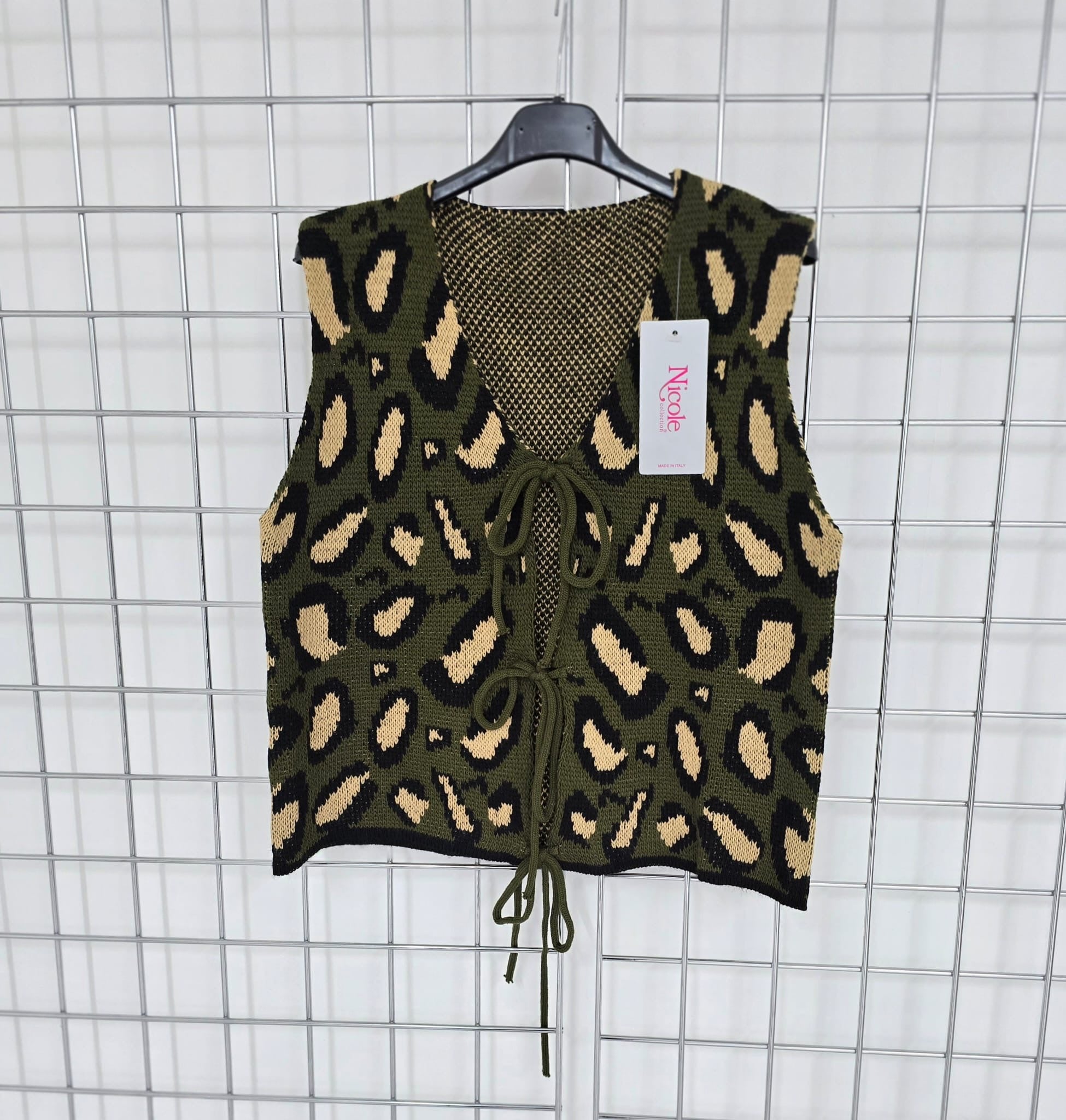 Sara animal print knit waistcoat with tie front detail